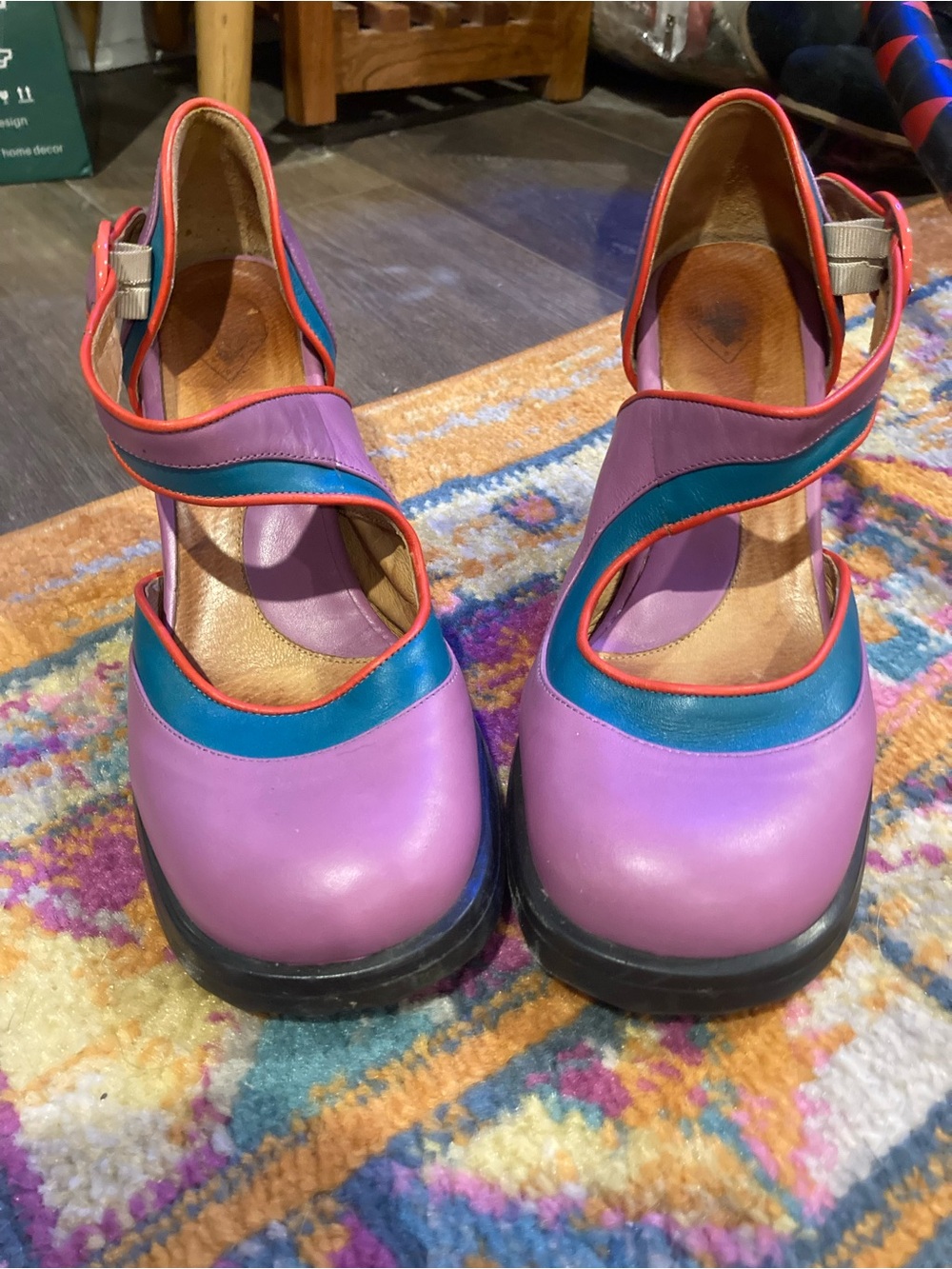 John Fluevog Elf Mini asymmetric Purple Teal Coral Mary Jane Heels